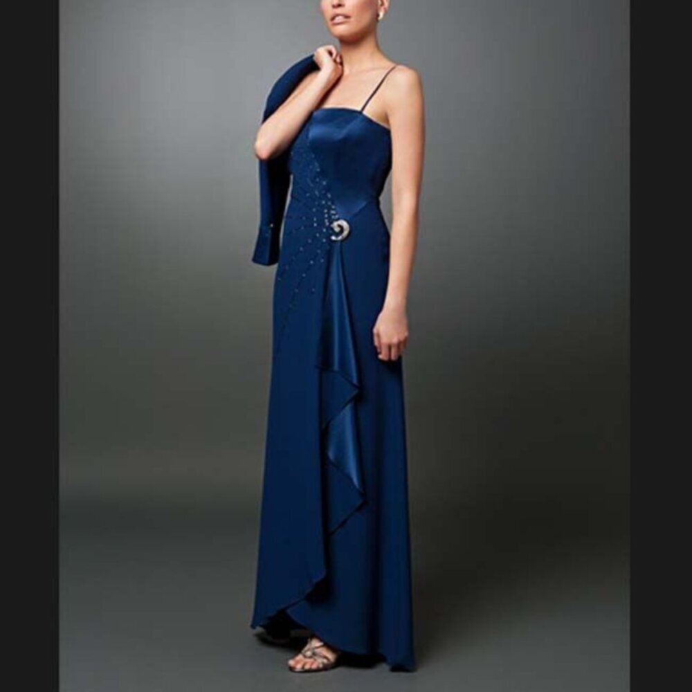 Alexander by Daymor Cobalt Blue Brooch Accent Sleeveless Long Gown Jacket